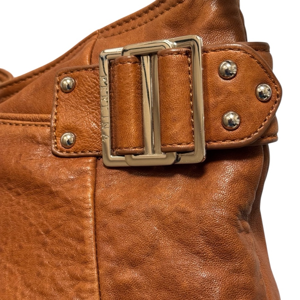 Perlina NY Brown Leather Hobo Bag, SUPER Soft Slouch Shoulder W/Buckle Accent - Picture 5 of 14